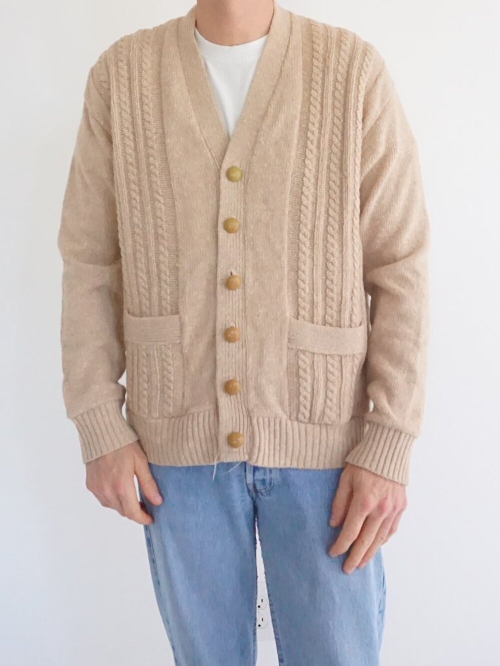 Vintage Charming Forge Beige Cable Knit Button Front Pocket USA Made Cardigan XL